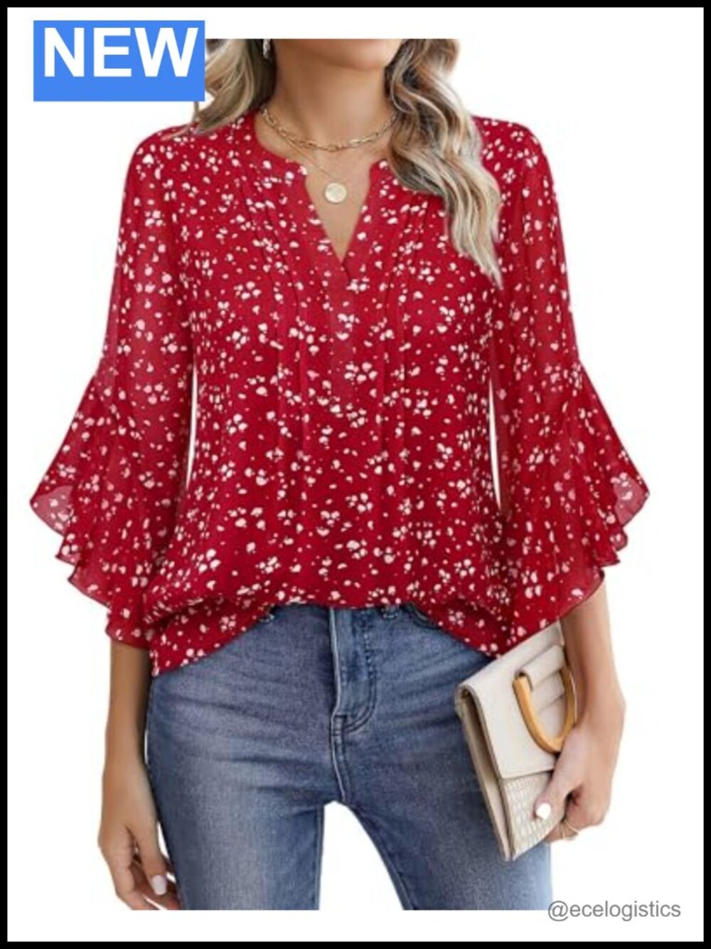 Chiffon Layered 3/4 Ruffle Sleeve Henley V-Neck Blouse Top